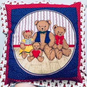 Vintage teddy bears Cottagecore handmade throw accent pillow 13”
